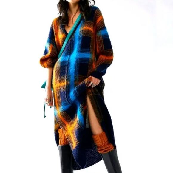Free People Blue Plaid V-Neck Cozy Kaleidoscope Maxi Sweater Dress Sz S NWT